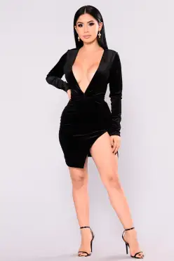 Sexy Black Sugar Velvet Mini Dress - Knot Waist V-Neck Long Sleeve Party Dress(Black,XS)