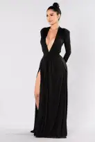 Sexy Black Maxi Spree Dress – Deep V Neck, Padded Shoulders & High Slit for a Stunning Look(Black,XS)