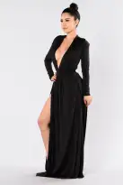 Sexy Black Maxi Spree Dress – Deep V Neck, Padded Shoulders & High Slit for a Stunning Look(Black,XS)