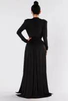 Sexy Black Maxi Spree Dress – Deep V Neck, Padded Shoulders & High Slit for a Stunning Look(Black,XS)