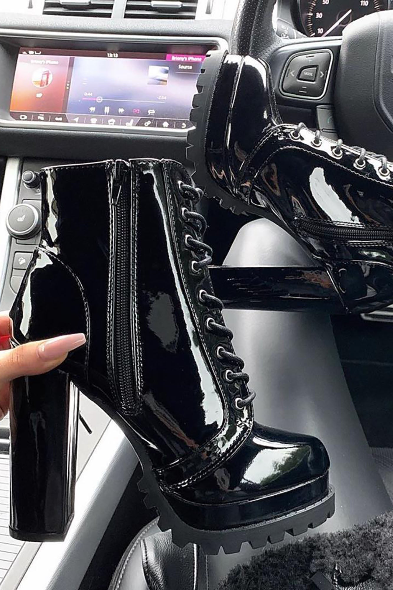 Stylish 4.5 Ultra High Block Heel Combat Boots - Black & White Patent Options with Side Zipper
