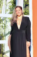 Sexy Black Maxi Spree Dress – Deep V Neck, Padded Shoulders & High Slit for a Stunning Look(Black,XS)