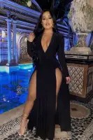 Sexy Black Maxi Spree Dress – Deep V Neck, Padded Shoulders & High Slit for a Stunning Look(Black,XS)