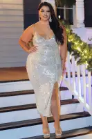 "Elegant Silver Sequin Midi Dress – Spaghetti Strap, V-Neck & Slit with Back Zipper, Stretchy & Lined(Silver,XS)