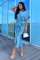 Elegant Satin Midi Dress with Collar & Tie Waist - Available in Yellow & Blue(Blue,XS)
