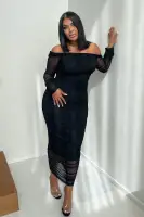 Elegant Ruched Off-Shoulder Maxi Dress - Long Sleeve, Full Lining (Red/Black/White) - Size Up Recommended(Black,XS)