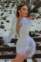 Sexy Rhinestone Mesh Mini Dress with Feather Trim & Deep V-Neck - Black/White