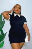 Elegant Crochet Detail Mini Dress with Collared Back - Black/Ivory & Black/Blue Options(Black/Ivory,XS)