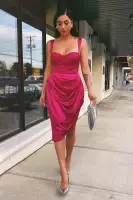 Elegant Magenta Satin Midi Dress with Adjustable Straps & Side Slit – Padded & Underwire for Perfect Fit(Magenta,XS)
