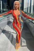 Elegant Long Sleeve Maxi Dress with Deep V-Neck - Stretchy Rayon & Spandex Blend - Multi Color Options(Multi Color,XS)