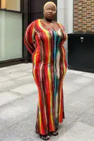 Elegant Long Sleeve Maxi Dress with Deep V-Neck - Stretchy Rayon & Spandex Blend - Multi Color Options(Multi Color,XS)